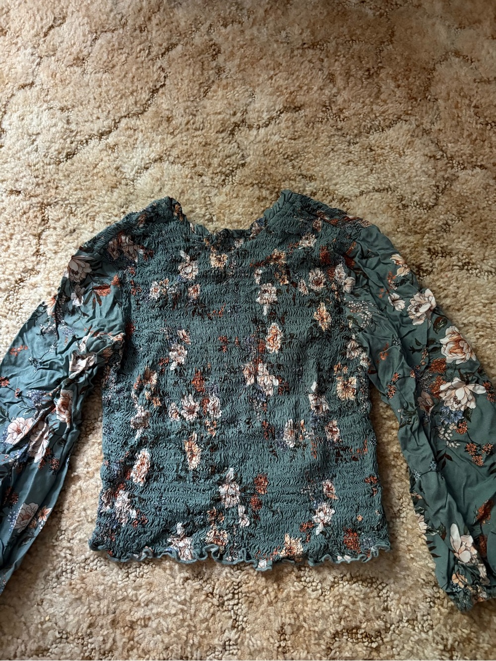 Floral Smocked Long-Sleeve Crop Top